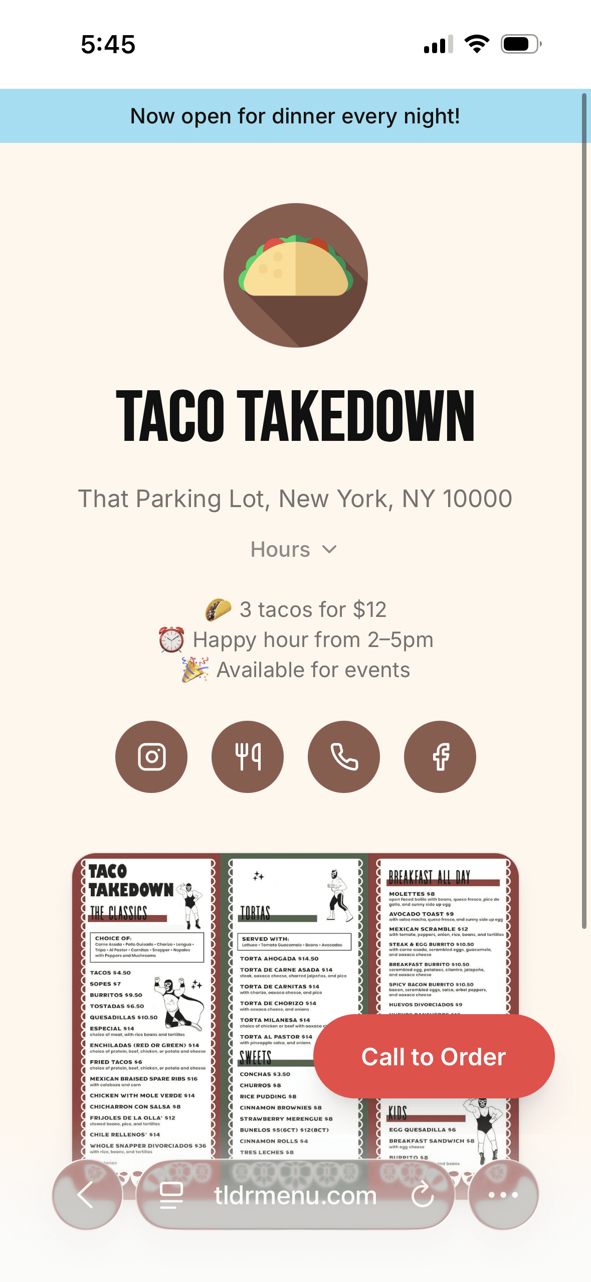 Taco Truck menu page on TLDR Menu